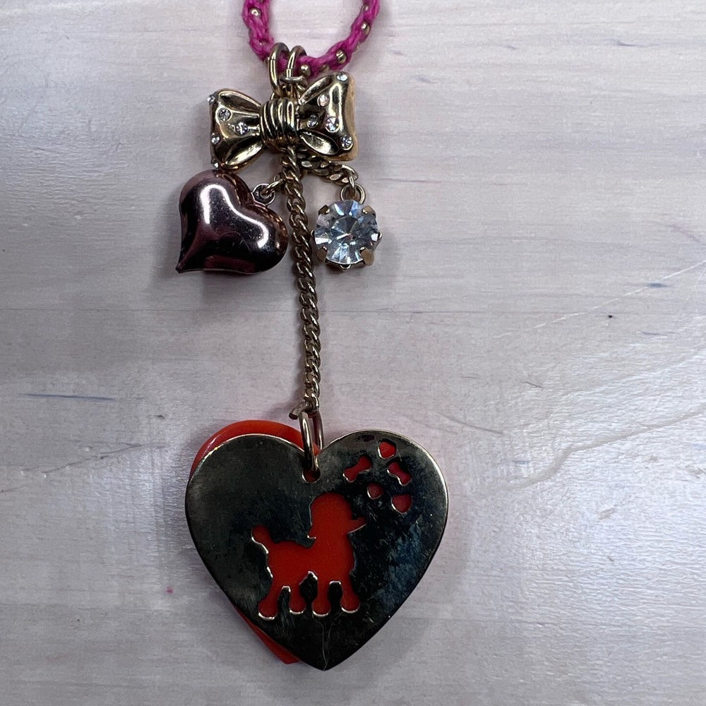 Betsey Johnson Vintage Poodle Heart Bow Crystal Charms Statement Necklace